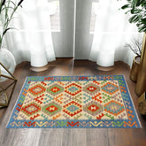 Flat Weave Kilim Antique Navaho Vintage handmade Geometric Kilim Beige Blue Hand-Woven Rectangle 100% Wool Area Rug 3x5